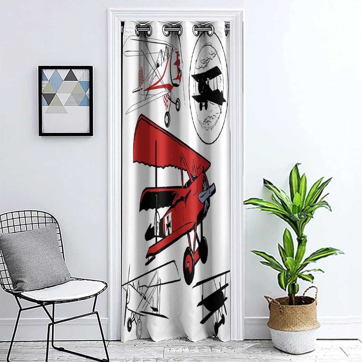 Doorway Curtain Panel Room Divider Blackout Curtains, Vintage Airplane Decor Grommet Drapes Darkening Window Treatment, Various Biplanes Nostalgic Antique Print Door Curtain, 1 Panel 42 x 80 inch