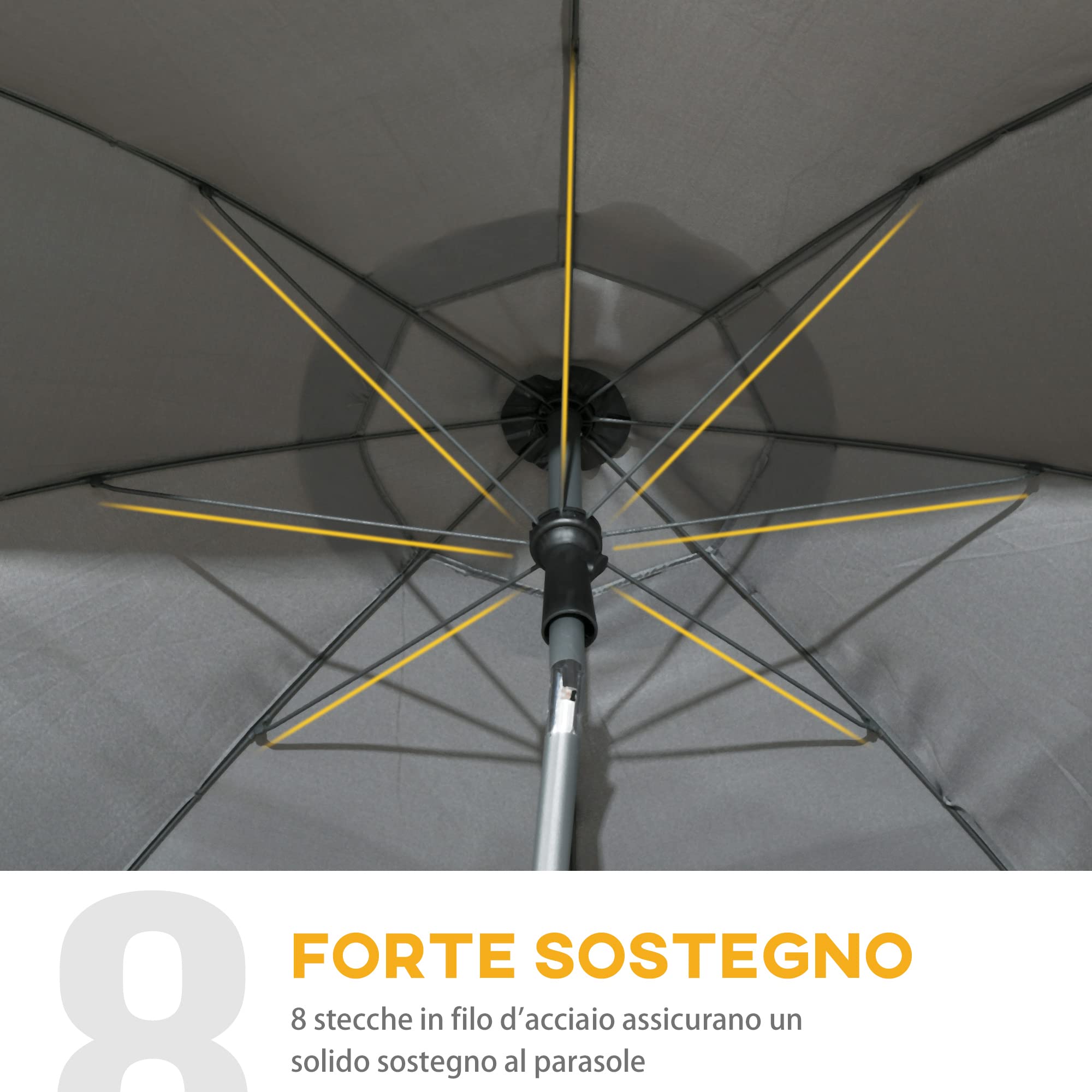 Outsunny Ombrellone da Spiaggia Ø1.8x2 m con Tettuccio Reclinabile a 45°, Ombrellone da Esterno con 8 Stecche e Design a 2 Sezioni in Acciaio e Poliestere 160g/㎡, UV50+
