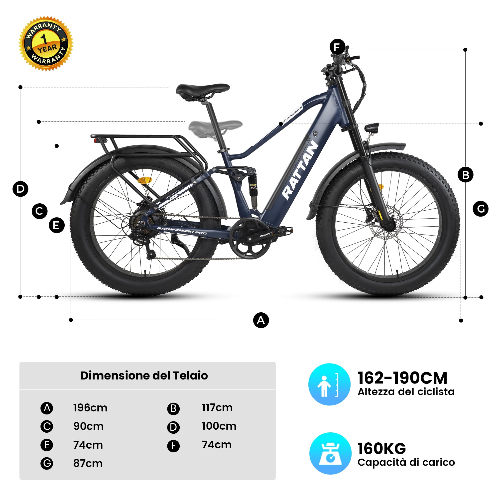 Rattan Pathfinder PRO Bicicletta Elettrica da 26" Fat Tire per Adulti, 48V 18Ah 864Wh, Autonomia Fino a 120km, Freni e Sospensioni Idrauliche, 7 Velocità