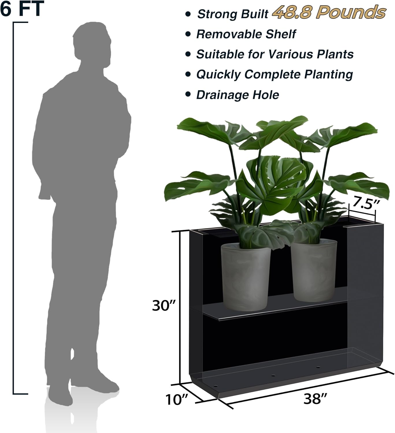 Wallowa Metallic Heavy Planter for Outdoor Plants, 38Lx10Wx30H Inches Tall and Long Metal Divider Planter Box with Hand Brushed Gold Edge for Outside & Indoor, No Assembly (Black)