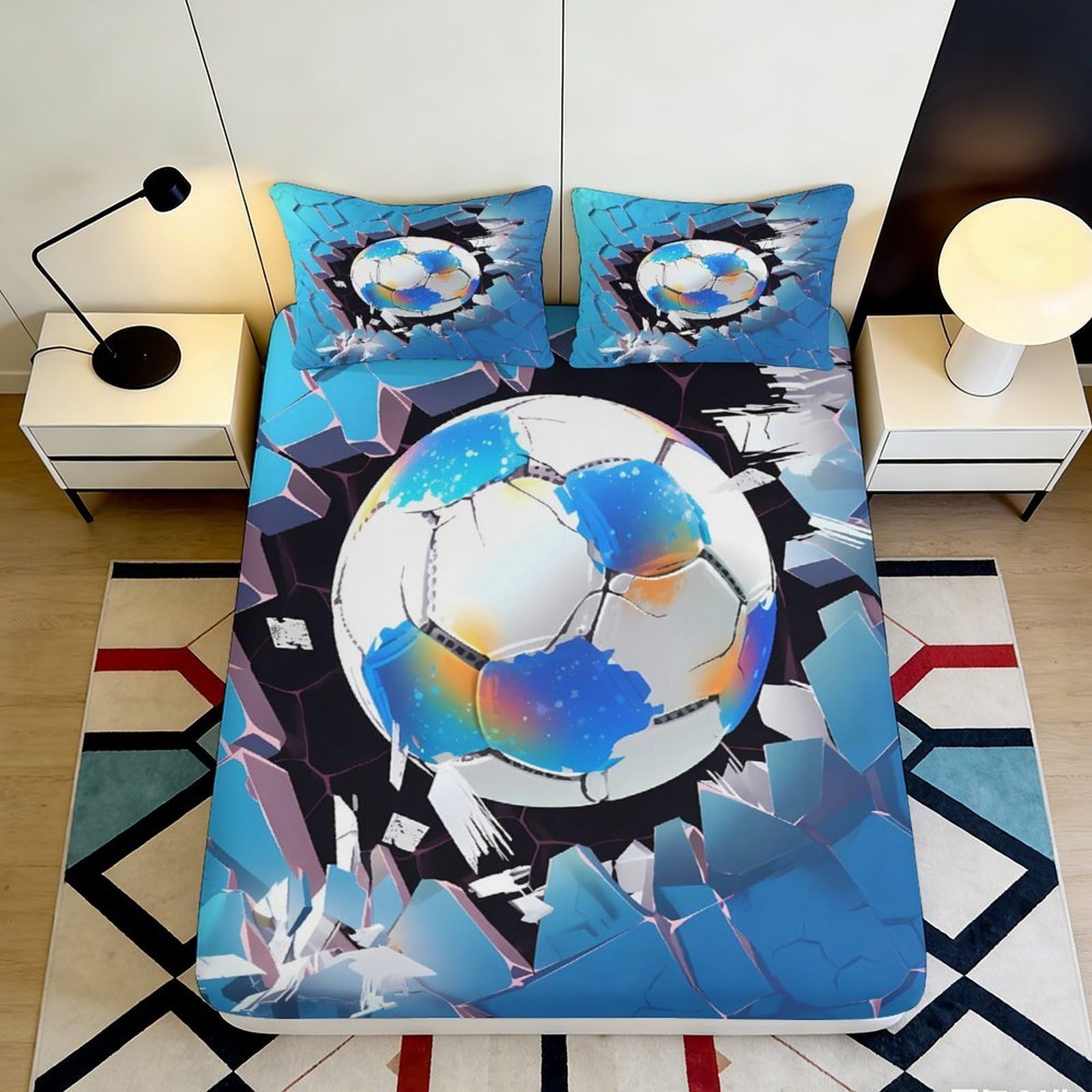 Dhbaneiok Style-3 3D Printed Soccer Ball Fitted Sheet Microfiber Blue Graphic Bed Cover For Bedroom Guest Room Mattress Protection Decor 90X200x25cm