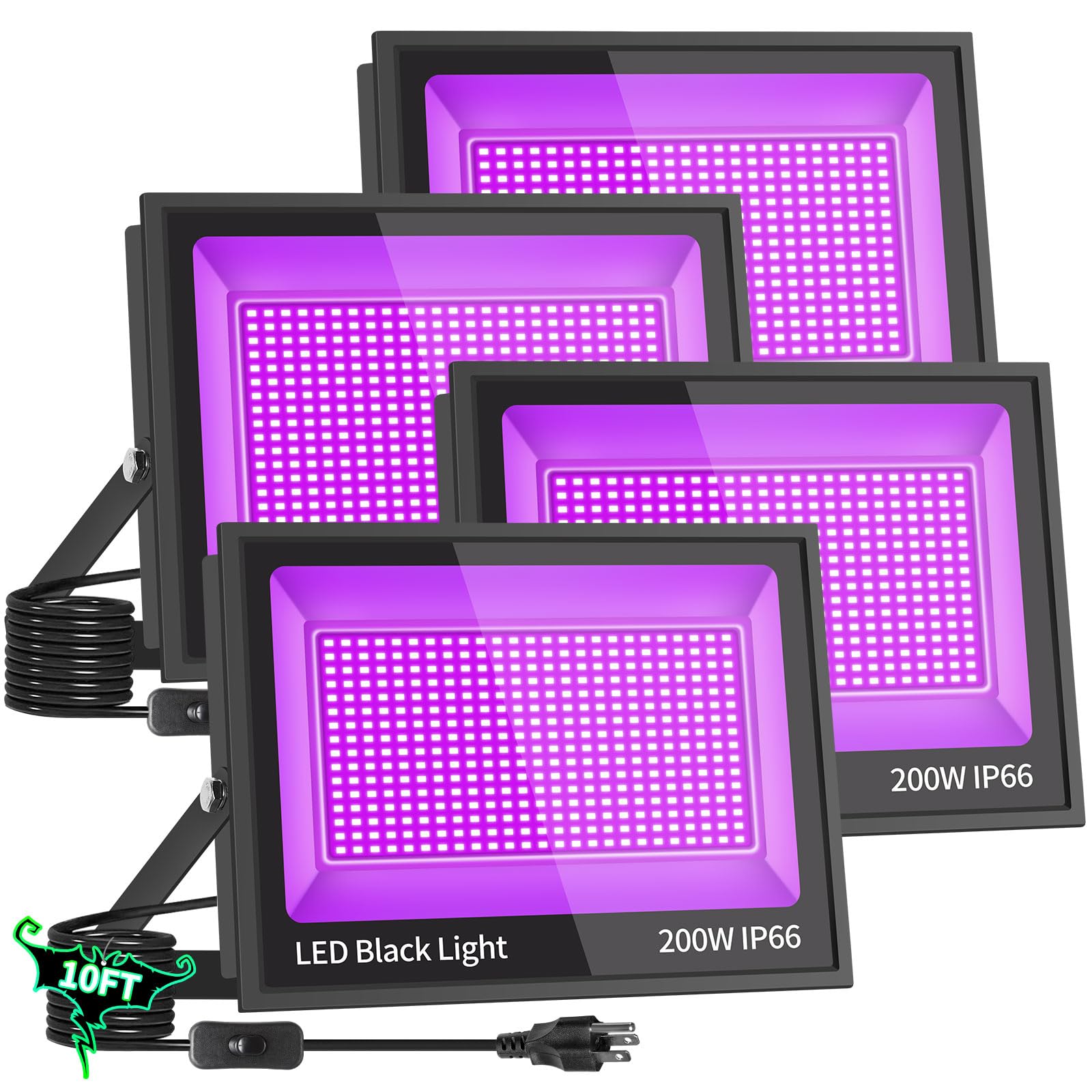 200W Blacklight Flood Light with 10ft Cord+Switch, Aluminum Shell, IP66 Waterproof Outdoor LED Black Lights for Large Space, Glow Party, Halloween, Stage, Gym, Poster, Body Paint, 4 Pack