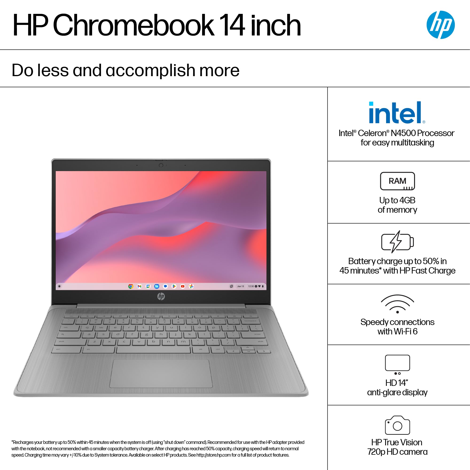 HP Chromebook 14" | Intel Celeron N4500 Processor | 4GB RAM | 64GB eMMC | Intel UHD Graphics | HD Anti-glare Display | Chrome OS | Dual Speakers | USB-C Fast Charging | Modern Grey | 14a-ne1000sa — view 2