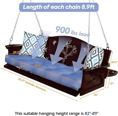 Miniatura 7 de Columpio de metal para porche de 3 asientos, 900 libras, banco colgante resistente con bandeja y cojines mejorados, silla columpio con acabado