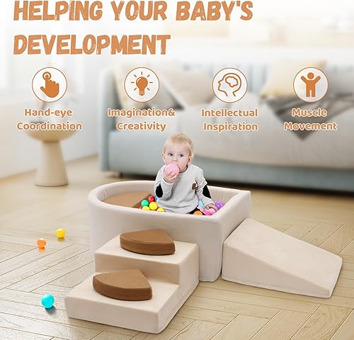 Miniatura 5 de Asweets Bloques de escalada de espuma con pozo de bolas para niños pequeños, juego suave de 6 piezas para niños pequeños, juguetes de escalada para