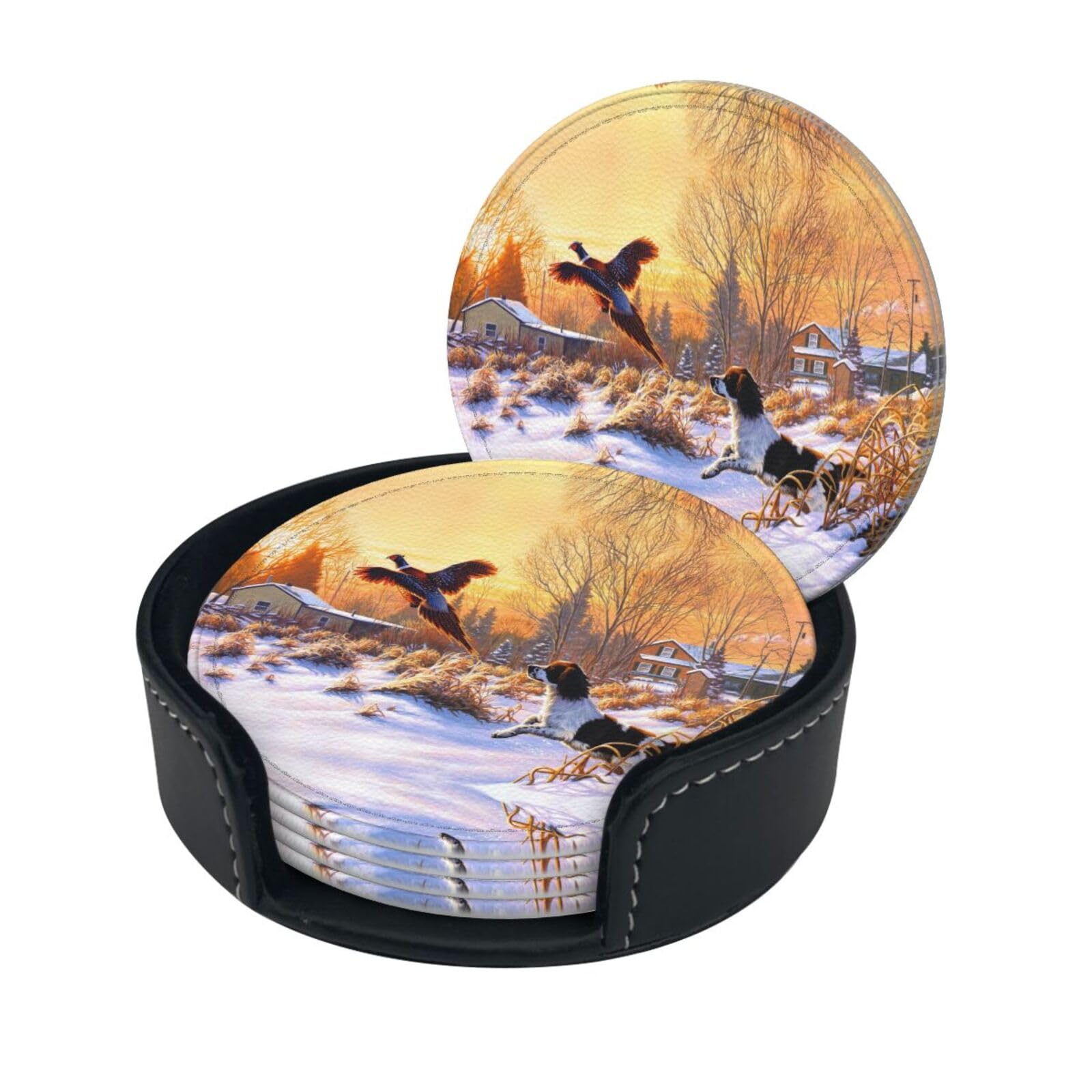 Dog Catching Pheasant Print Coaster With Storage Box For Home, Office, And Restaurant Use