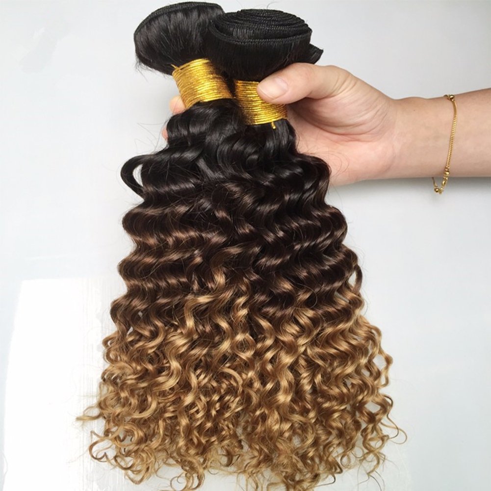 Ruma Hair 1B/4/27 Honey Blonde Ombre Brazilian Deep Wave Human Hair 3 Bundles Lot Three Tone Brown Blonde Ombre Wavy Virgin Hair Weave Weft Extensions (22 24 26)