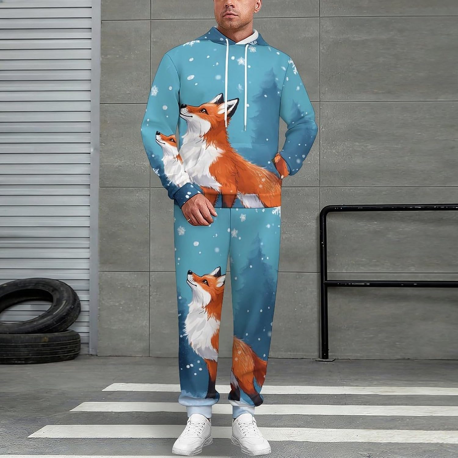 Red Fox Snowy Men's Hooded Set Casual 2 Pieces Suits Pullover Tracksuit Hoodies And Sweatpants