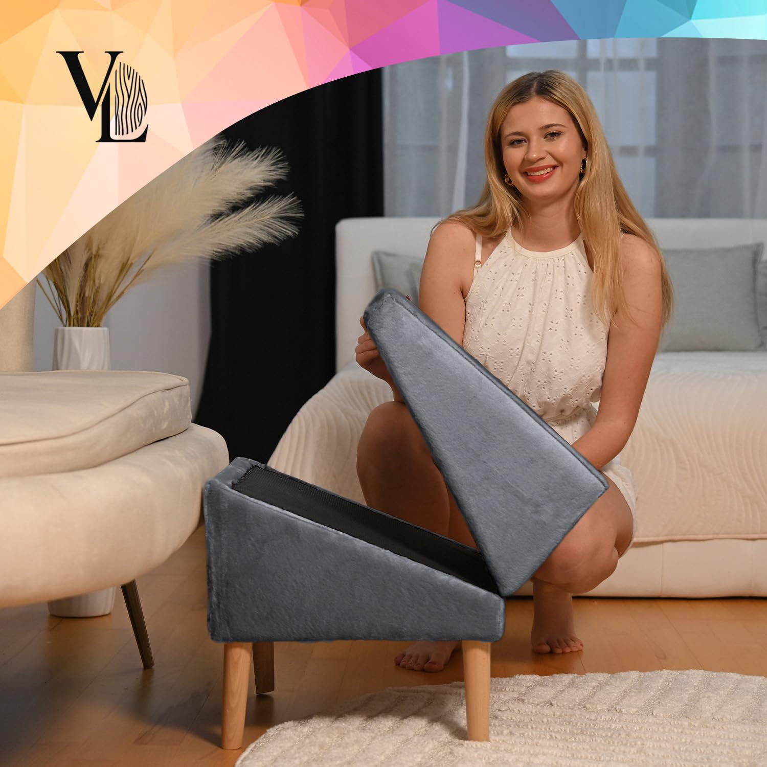 VELORA H&L Hunderampe Dunkelgrau - 2in1 Hundetreppe und Sitzhocker, Klappbare Einstiegshilfe für Sofa und Bett, Stabile Holzkonstruktion mit Veloursbezug, rutschfeste Lauffläche für Hunde und Katzen