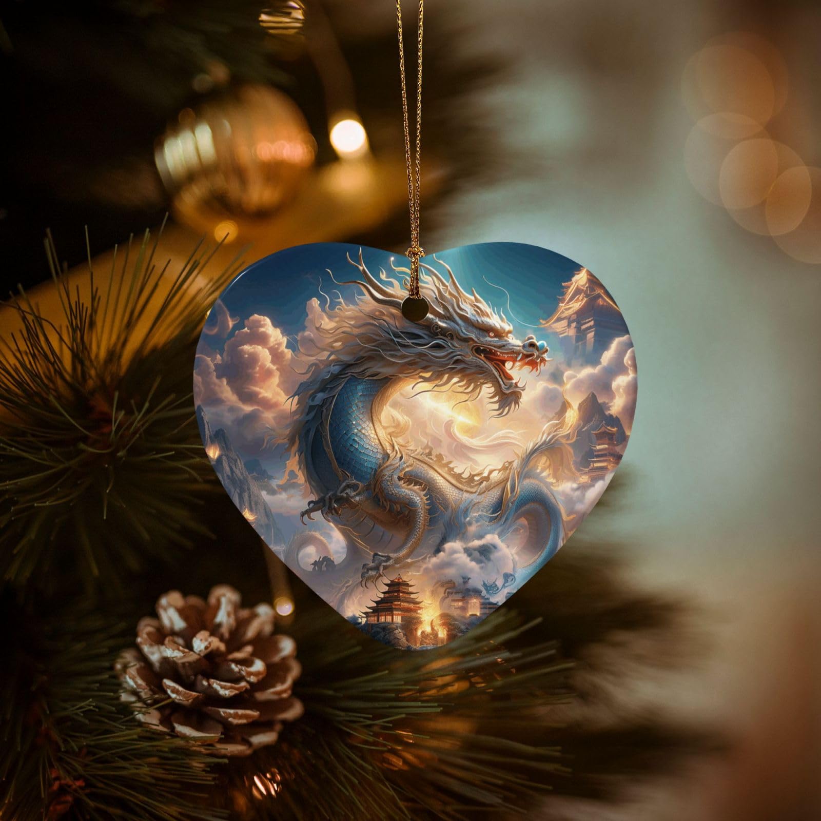 Christmas Ornaments for Christmas Tree Decoration Hanging Dragon in The Heavenly Palace Ornament with Gold Ribbon Crafts Heart Shape Ceramic Pendant for Keepsake Gifts Xmas Decor Party Supplies