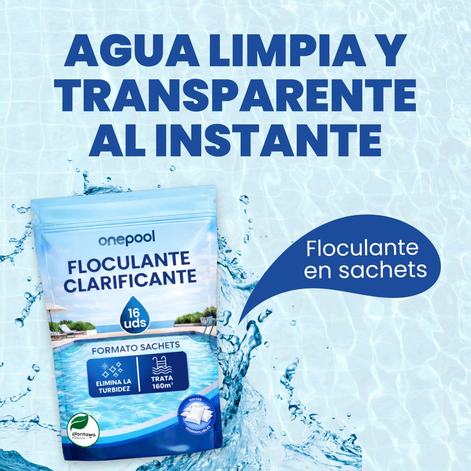 PLANTAWA Flocculante in polvere 16 bustine | Flocculante Chiarificante per Piscine, Equivale 2KG, Eliminatore Turbidità, con Ingredienti Origine Naturale, Vegano, Tutti i Tipi Piscine, SPA