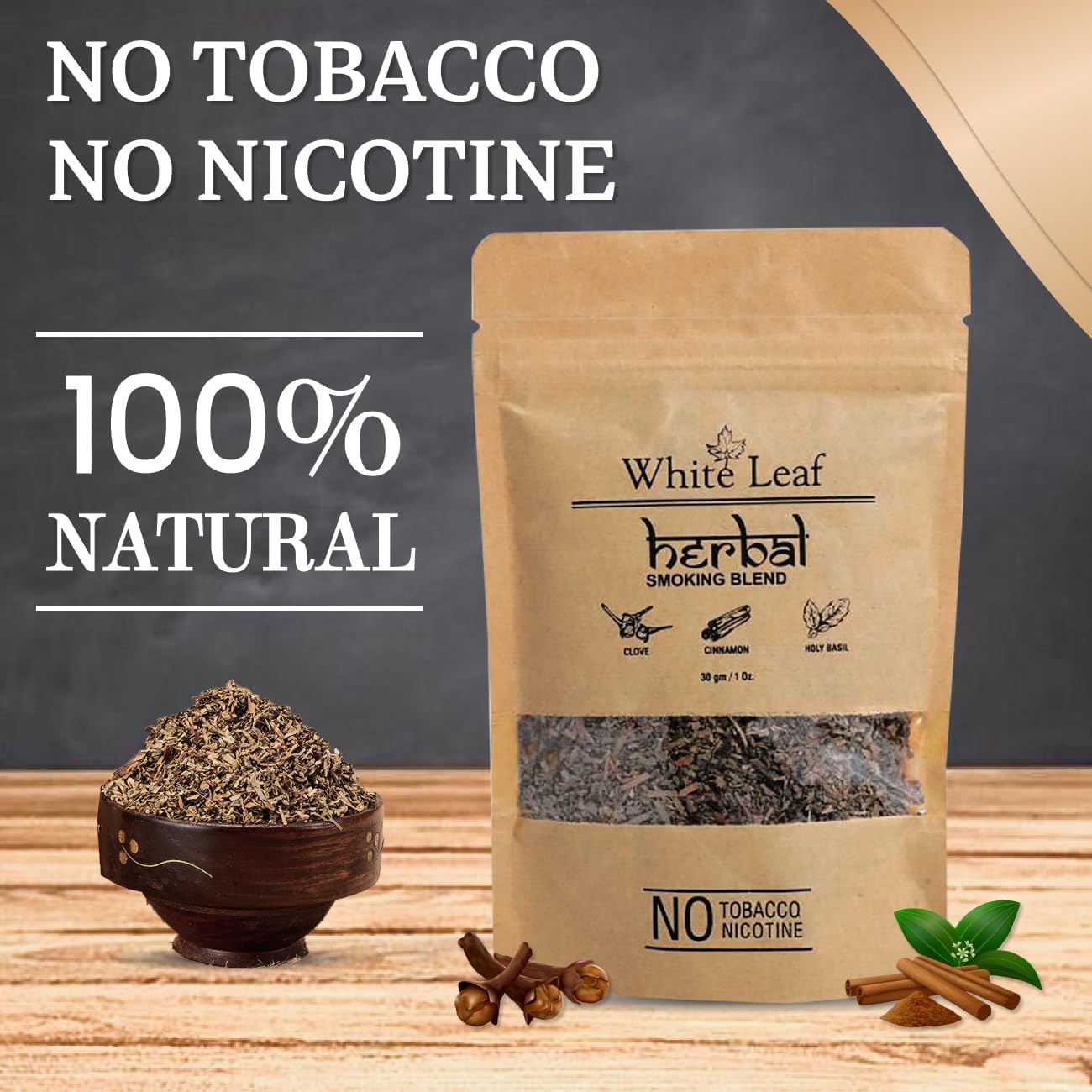White Leaf Tobacco & Nicotine Free Smoking Mixture with 100% Natural Herbal Smoking Blend 1 Pack (1 Oz/ 30G) with Wooden Pipe