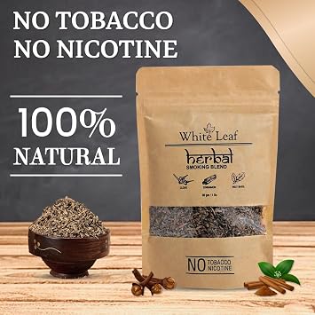 White Leaf Tobacco & Nicotine Free Herbal Smoking Mixture Blend 1 Pack (1 Oz/ 30G) with Wooden Steel Pipe