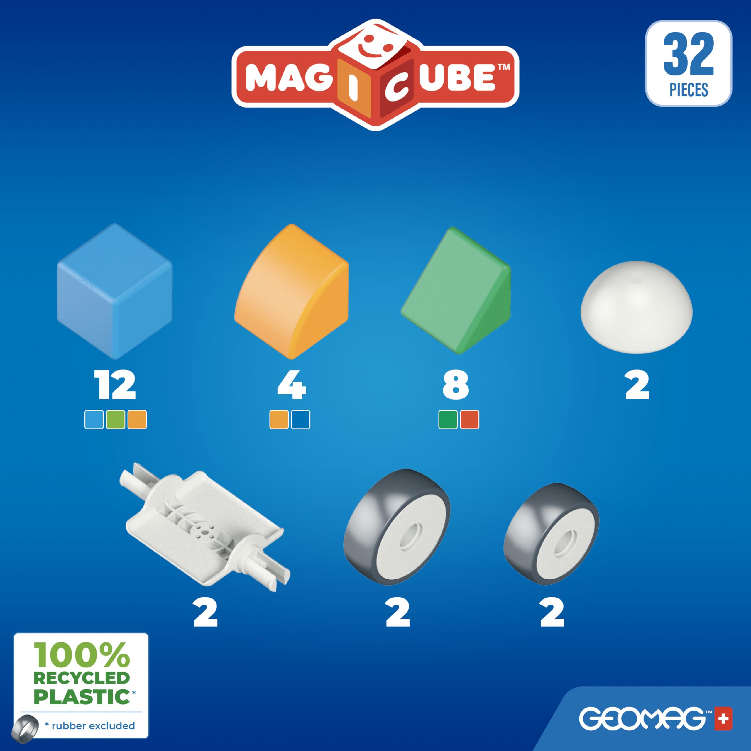Geomag - Magicube 1+ Shapes - Magiczne Kostki Magnetyczne dla Dzieci, 4 Kolory i Kształty, 32 Bloki, Gra Edukacyjna, 100% Plastiku z Recyklingu