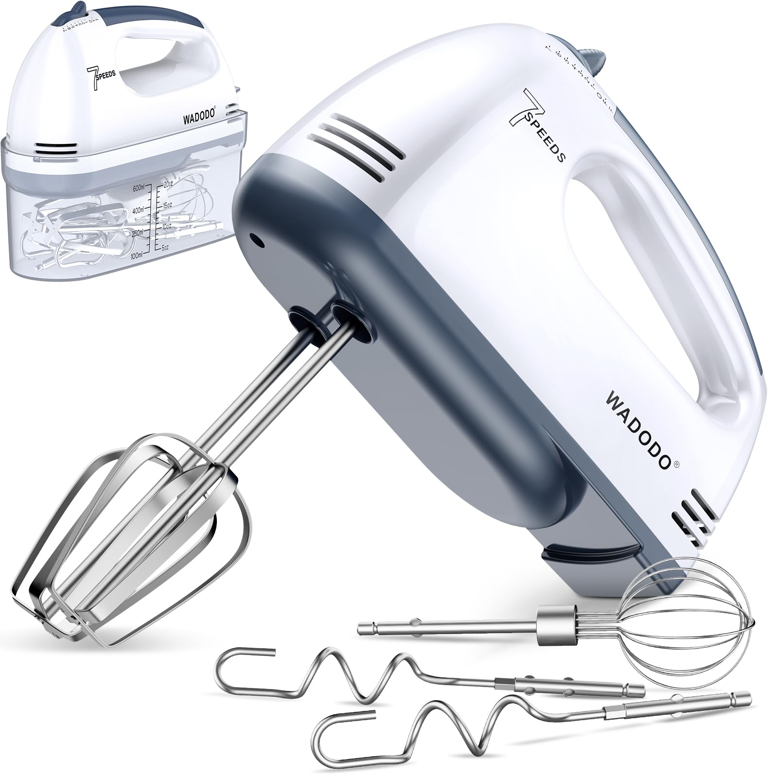 WADODO 7-Speed Electric Hand Mixer – Portable Food Mixer Kitchen Mixer with 304 *(1x Whisk, 2x Beater, 2x Dough hook) (1xStorage Box) for Baking Cakes, Cream, Cookies, White