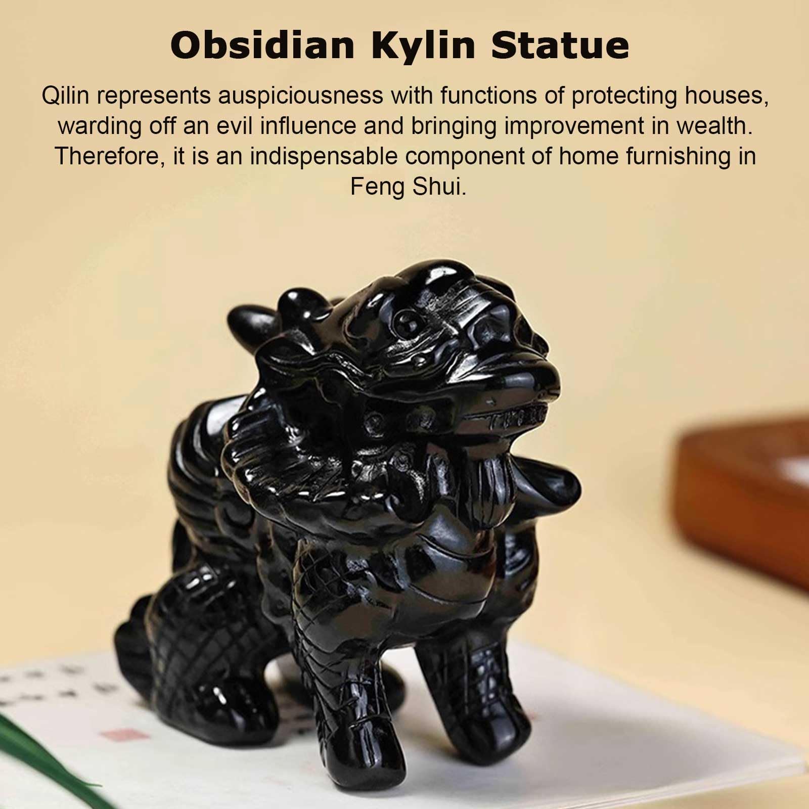 Statua Kylin in Ossidiana Nera, qilin Scultura Decorativa Feng Shui | Figurine Chi Lin in cristallo naturale lucidante per la decorazione dell'ufficio domestico, guarigione energetica