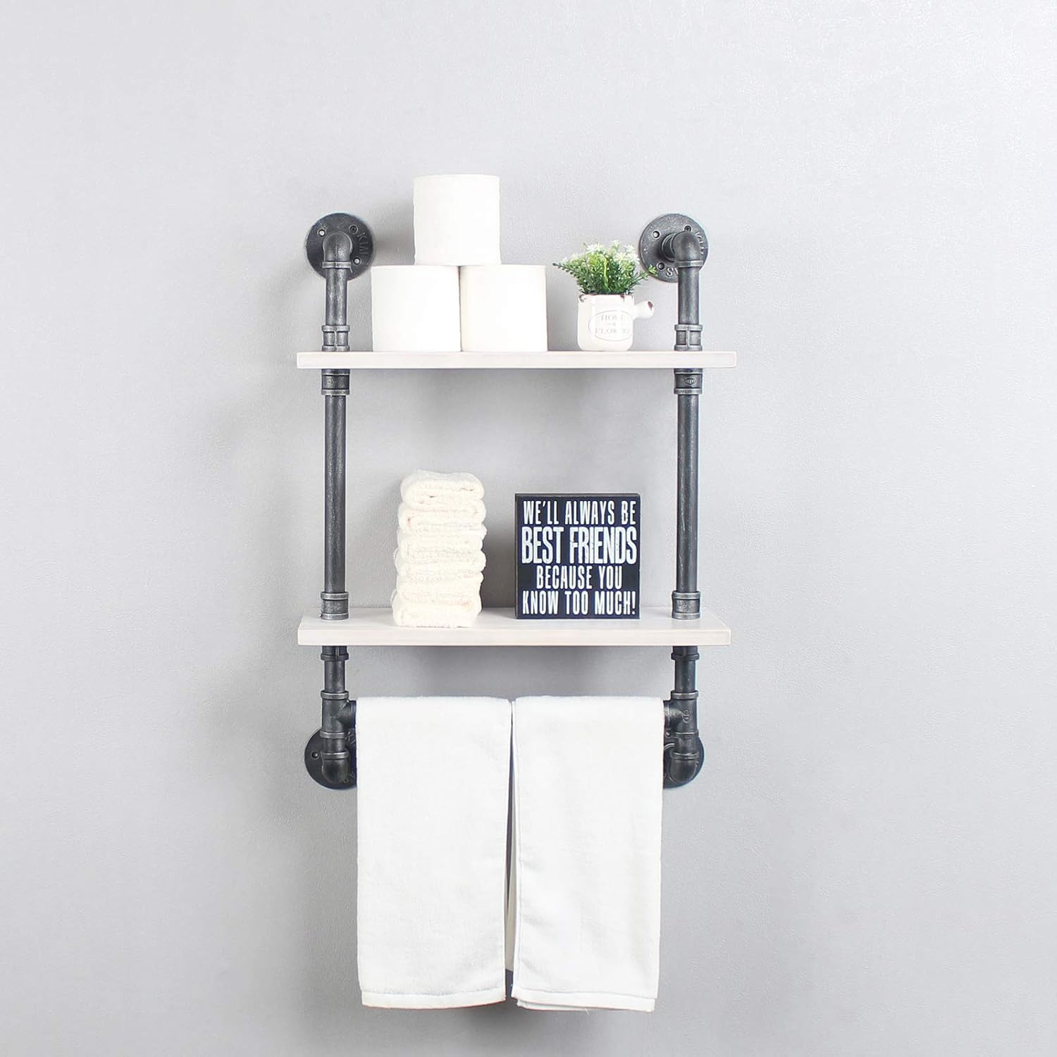 Exclusive Industrial Bathroom Shelves Wall Mounted,19.7in Rustic 2 Layer Bathroom Shelf with Towel Bar,Metal Pipe Storage Wall Shelf for Kitchen,Floating Shelves,Bathroom Shelves Over Toilet,Retro White