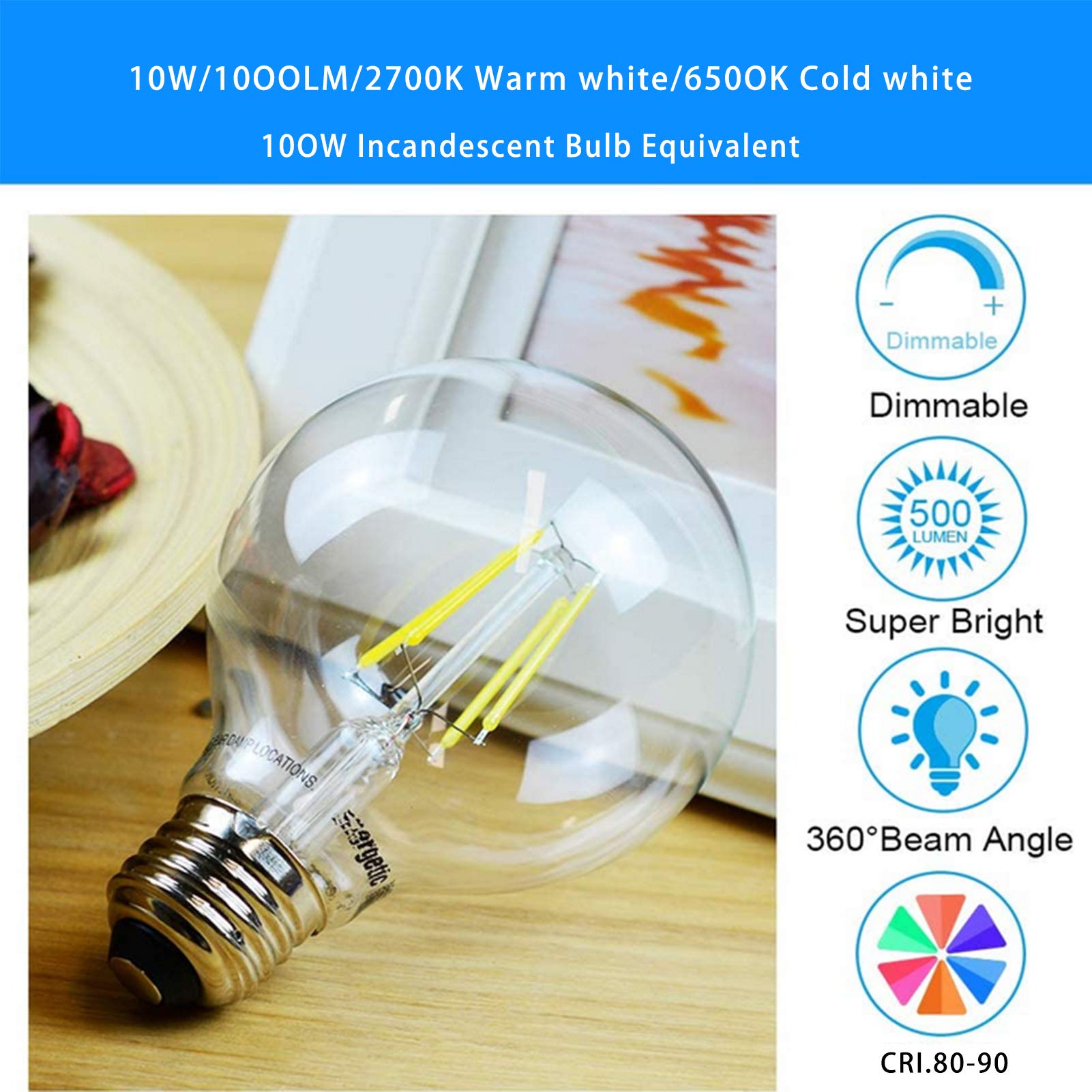 Paquete 4 bombillas LED Edison vintage G80 10 W, bombilla filamento luz LED, bombilla globo con boca rosca E27, equivalente a bombilla incandescente LED 100 W, CA no regulable