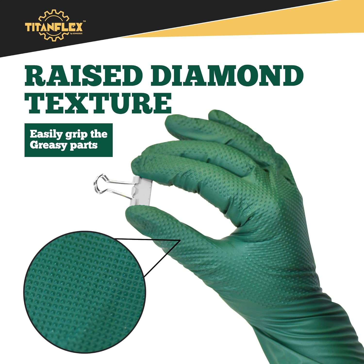 TitanFlex Heavy Duty Industrial Nitrile Gloves with Raised Diamond Texture, 6-mil, Latex Free (Dark Green/Yellow) - Image 4