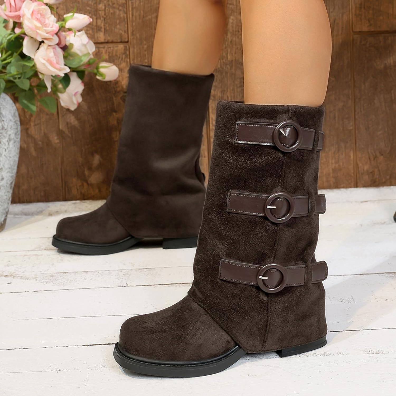 Wide Calf Fold over Knee High Boots for Women:Fashion Slouch Chunky Goth Platform Booties Square Toe Platform Riding Boot Footwear Shoes