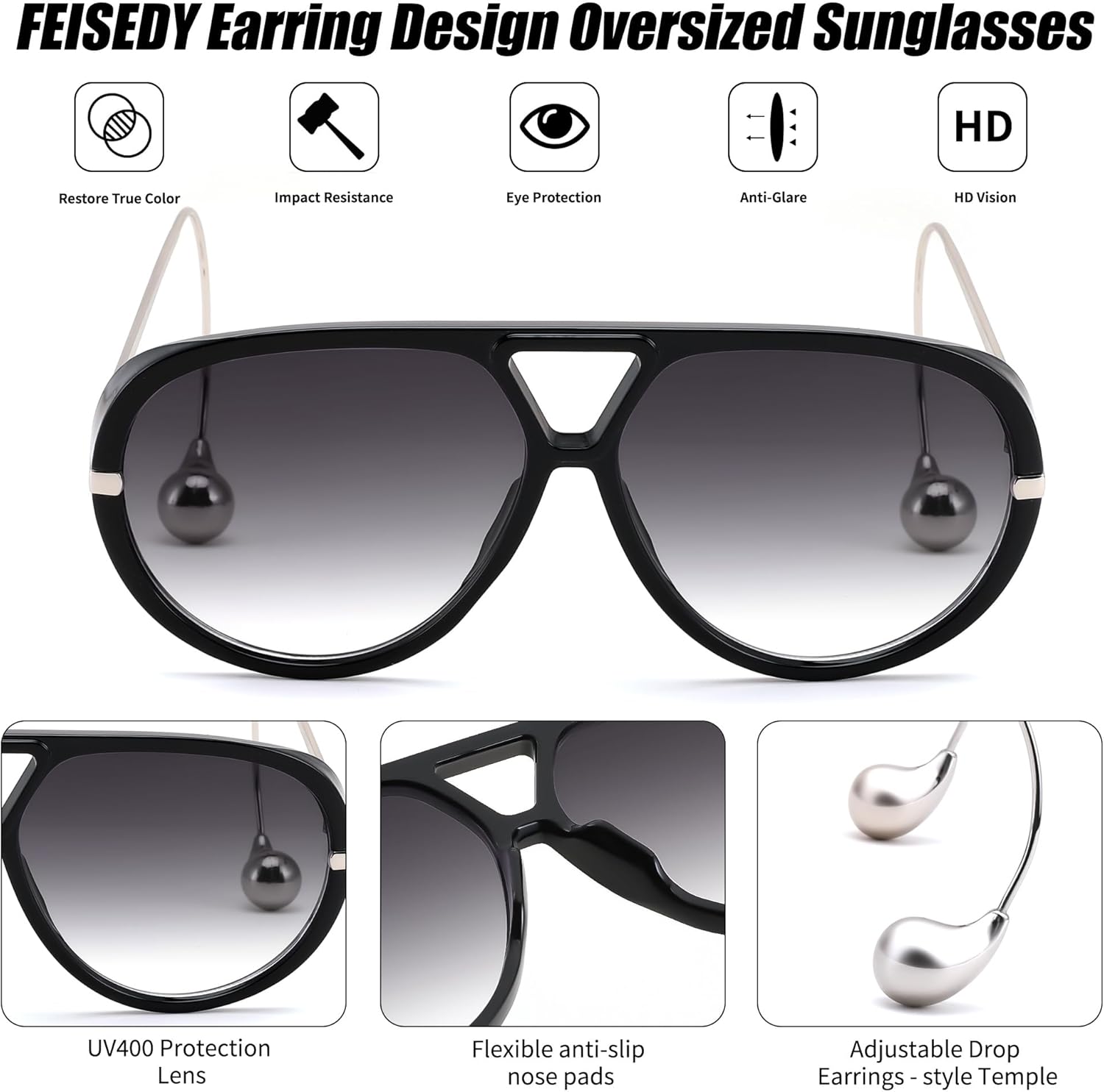 FEISEDY Oversized Aviator Sunglasses With Earring Design for Women Large Big Frame Luxury Designer Shades for Ladies B0296 - Image 3