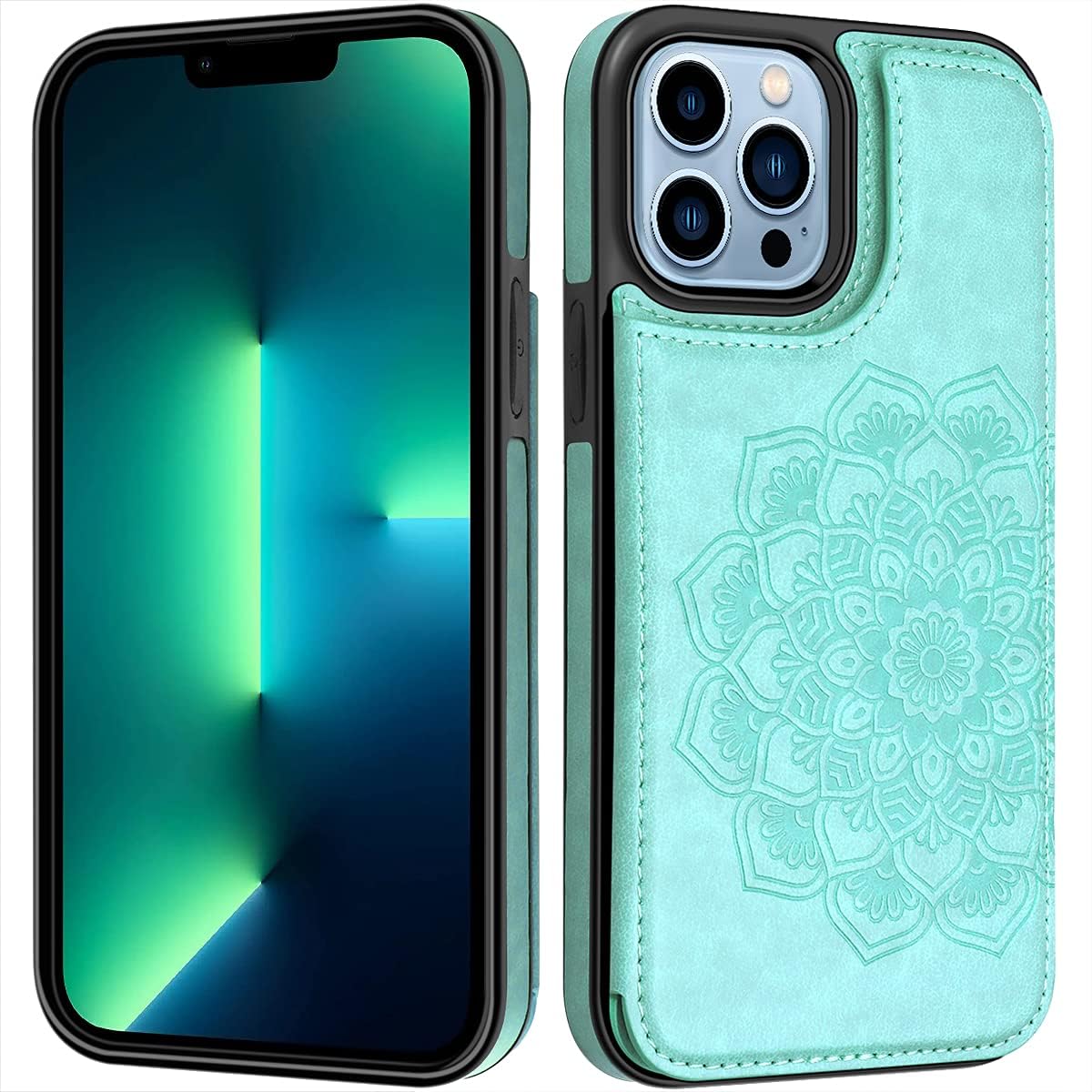 MMHUO for iPhone 13 Pro Max Case, Flower Magnetic Back Flip Case for iPhone 13 Pro Max Wallet Case for Women with Card Holder, Protective Case Phone Case for iPhone 13 Pro Max 6.7 Inch 2021, Mint