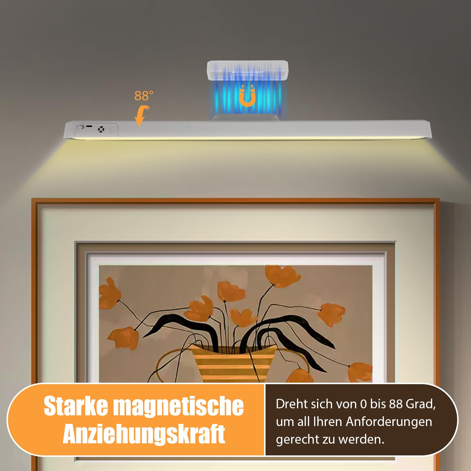 Bildbeleuchtung Kabellos, 5 Farbtemperaturen einstellbare Helligkeit Bilderleuchte Akku mit Fernbedienung, Dimmbar LED Dart Beleuchtung mit Timer für Bild (weiß, 48cm)