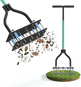 Heavy Duty Manual Lawn Aerator with Self-Cleaning Spikes, 15 Steel Spikes for Compact Soil