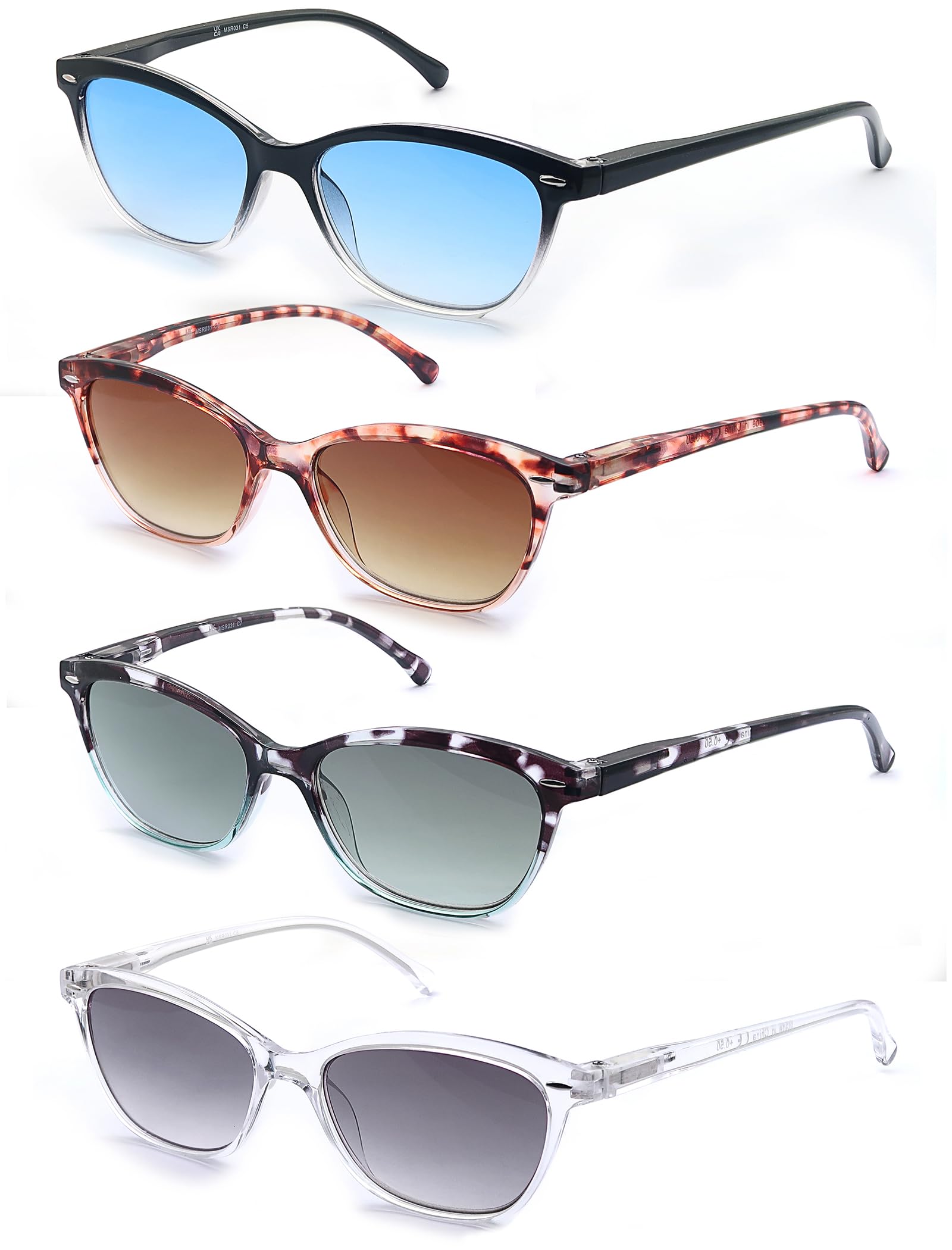 OLOMEE Reading Sunglasses +4.00 Womens Square Readers Sunglasses Stylish Lightweight Ladies Sun Readers 4 Pack Comfortable Fit (Black,Clear Frames)