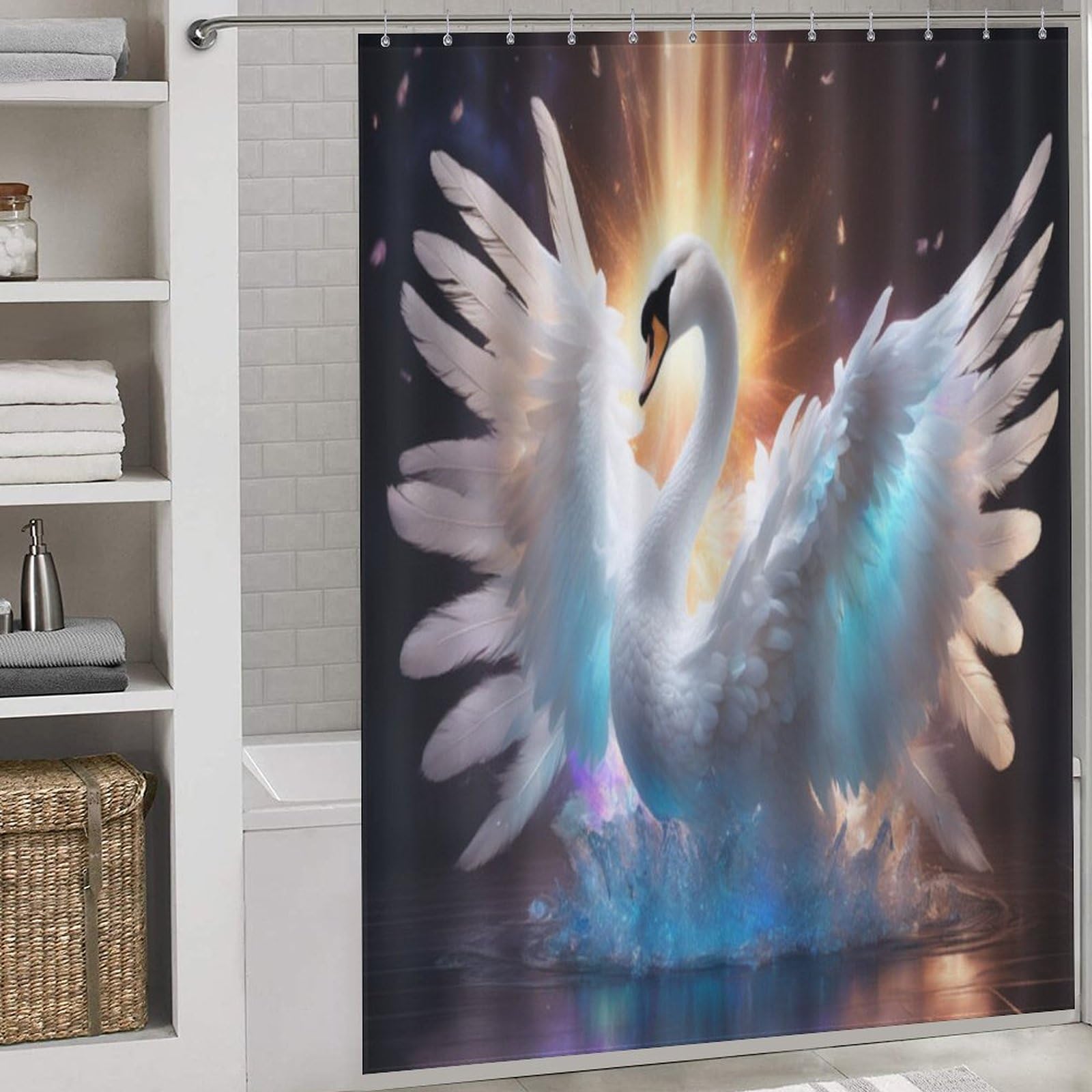 Rideau de douche cygne étanche 168x183cm pour baignoire avec crochets durables de salle de bain