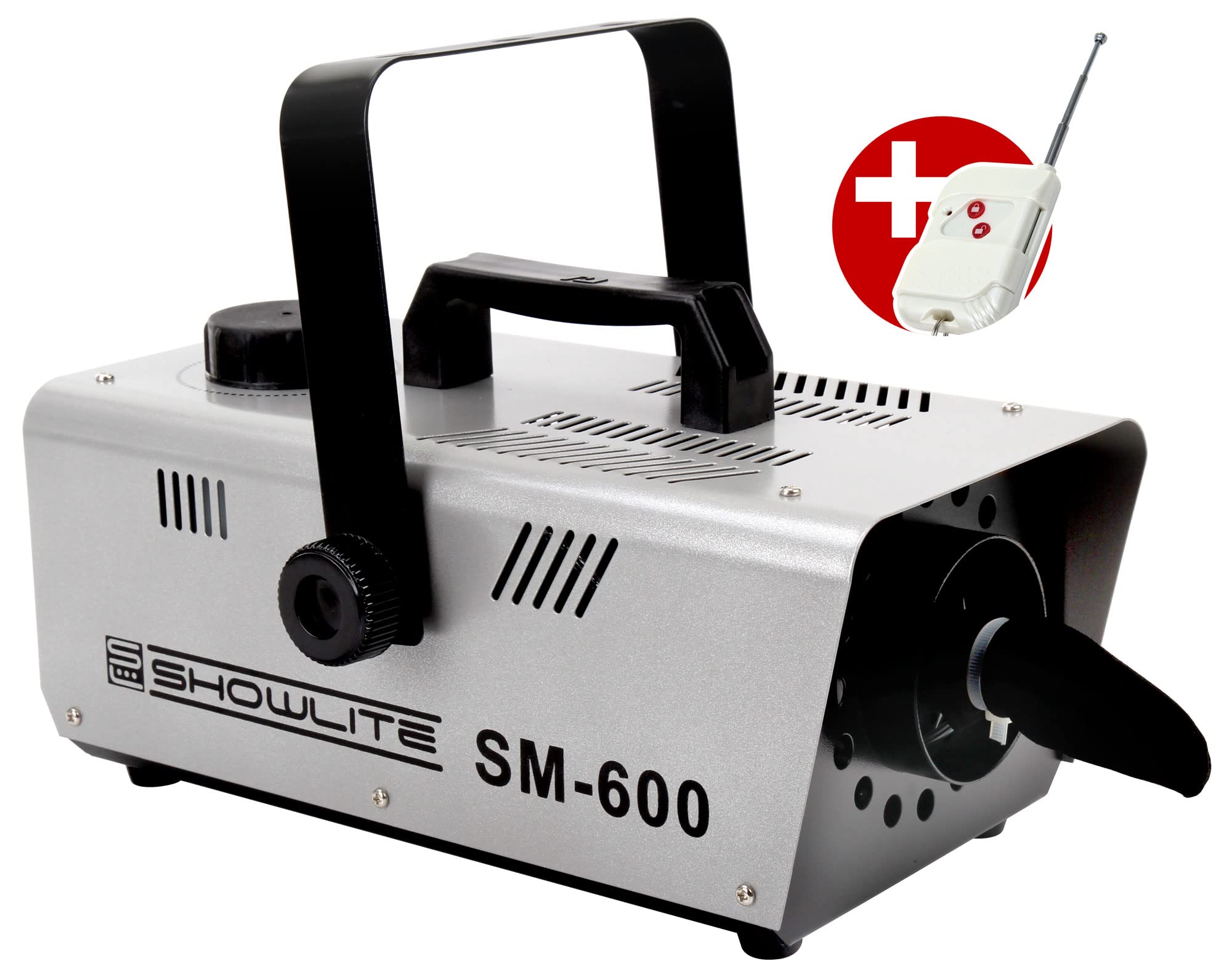 Showlite SM-600 Macchina della Neve incl. Telecomando Wireless + Set 1 L Liquido Neve (Portata Neve: 30 m³/min, Capacità Serbatoio: 1 L, incl. Staffa di Sospensione)