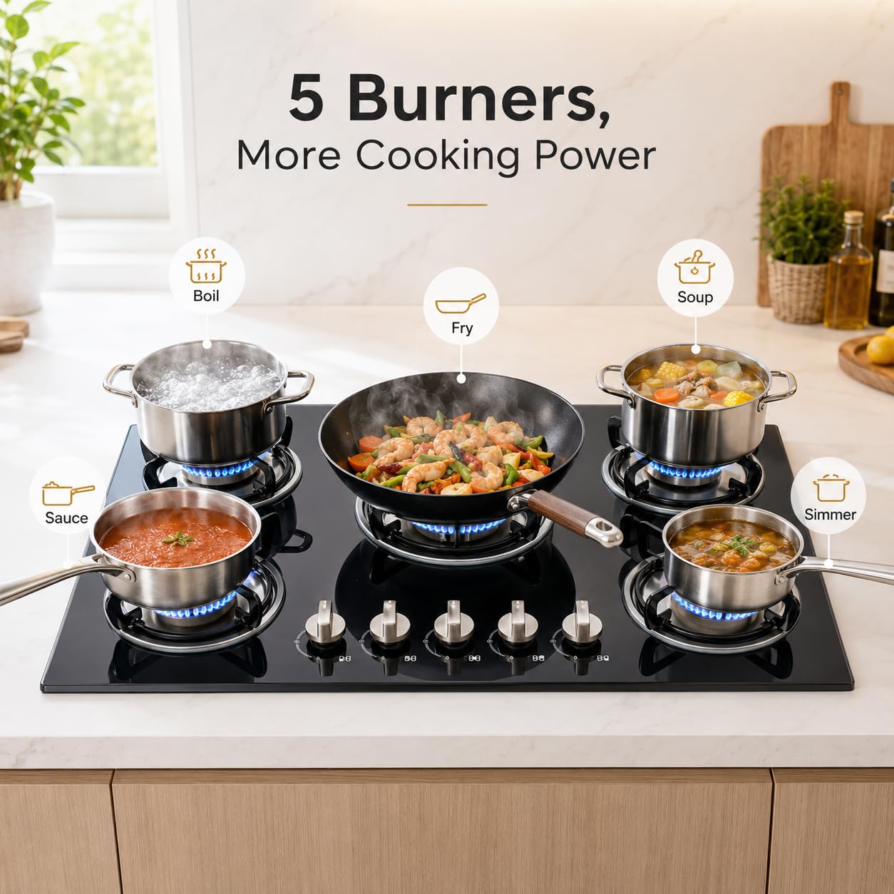 Cocina de gas de 5 fuegos, de cristal, empotrada, con protección automática de fallo de llama, placa de gas natural y gas propano, color negro, con encendido de batería, 77 cm
