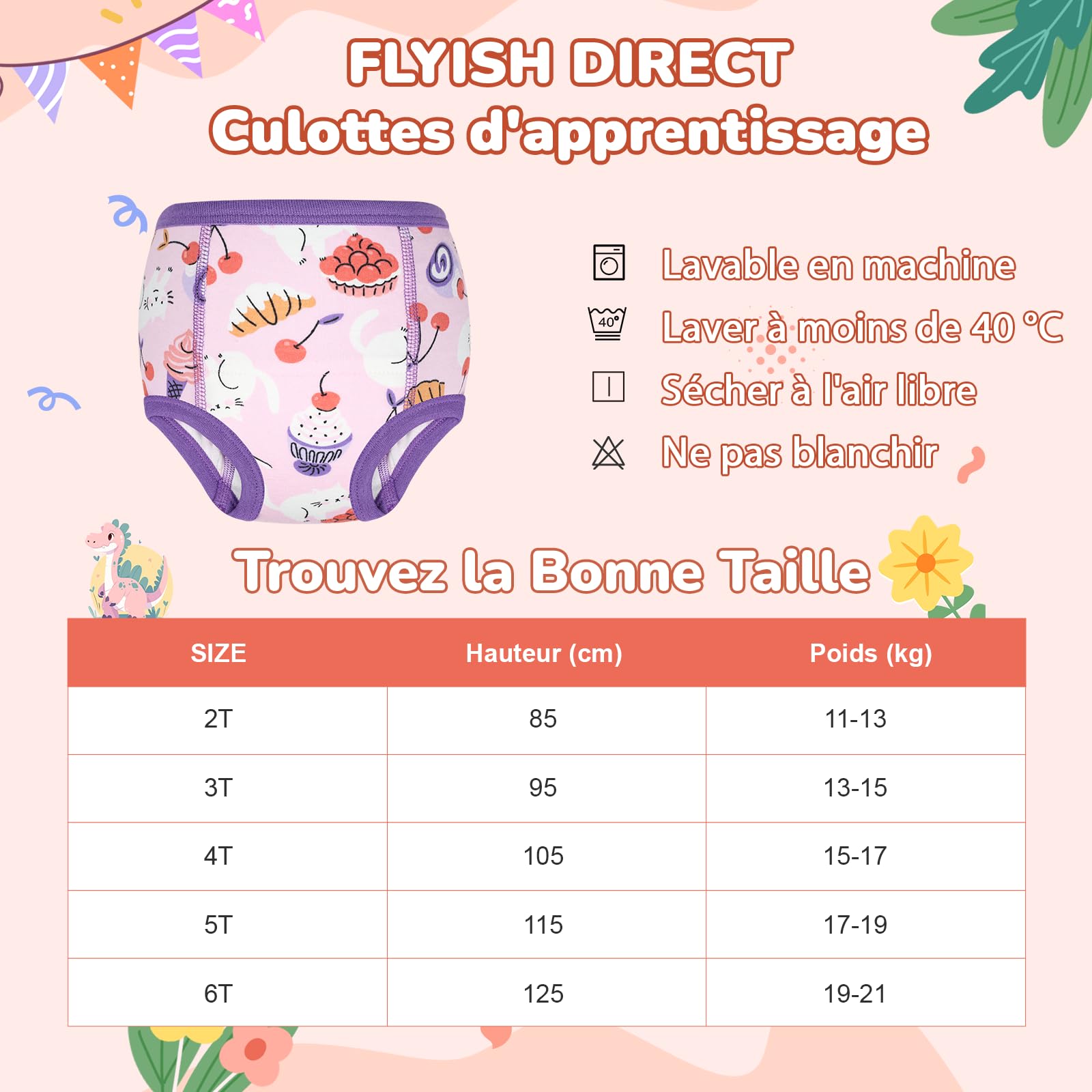 FLYISH DIRECT Culottes d Apprentissage pour Fille, Lot de 6 slip d apprentissage pour Garçons et Filles, Culotte Absorbants Enfant 100% Coton, Moments gourmands, 3 ans