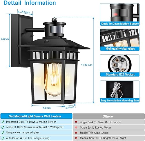 Miniatura 5 de Paquete de 2 luces exteriores con sensor de movimiento para montaje en pared, lámpara exterior del atardecer al amanecer, luz de aluminio