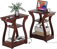 Vista 17 de Mesas auxiliares para sala de estar, mesa auxiliar de cereza con estación de carga, mesita de noche para dormitorio, mesa auxiliar de 3 niveles