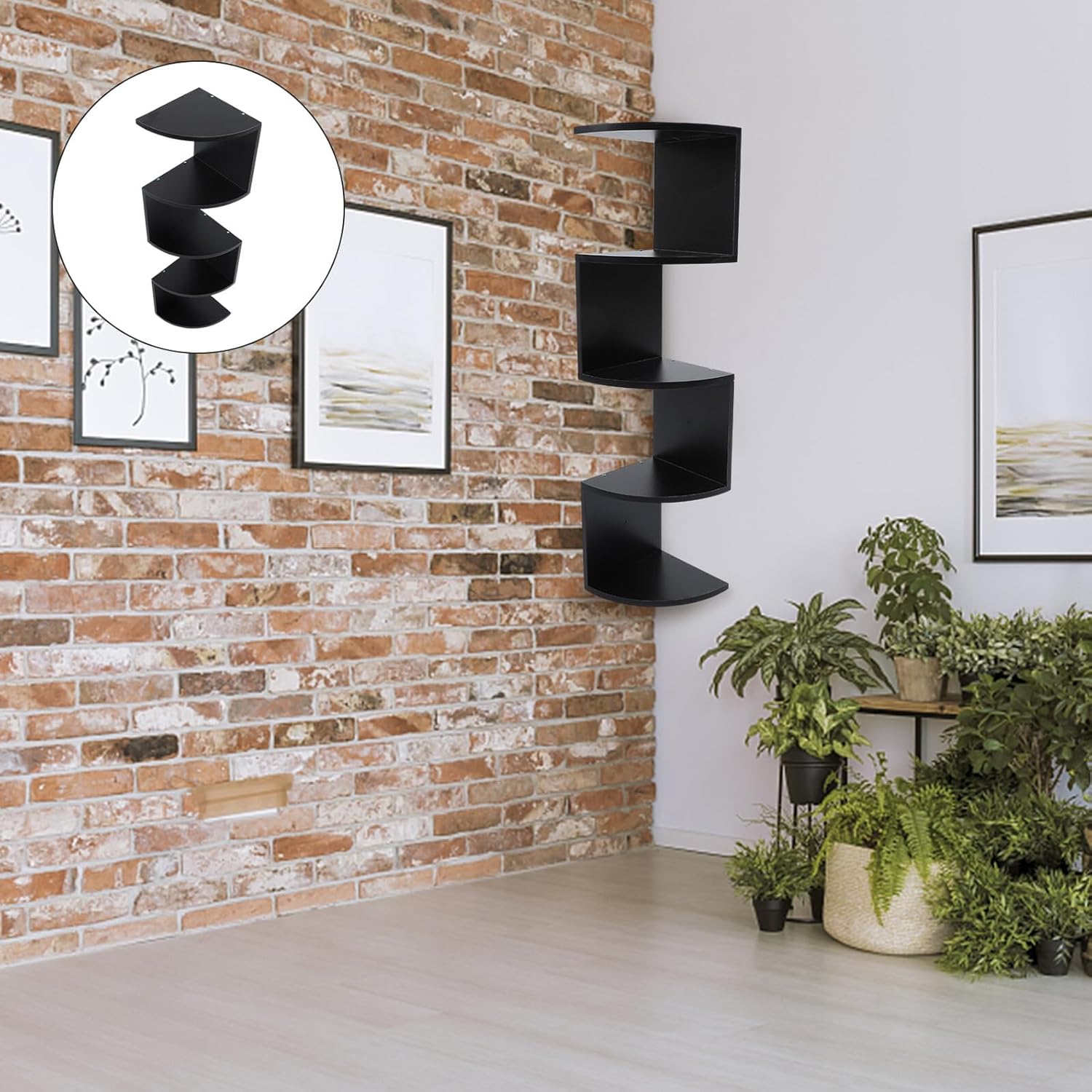 Wooden Storage Rack 5-Tier Wall-Mounted Corner Shelf Black Household Shelf Creative Home Storage Rack for Living Room Bedroom Decor