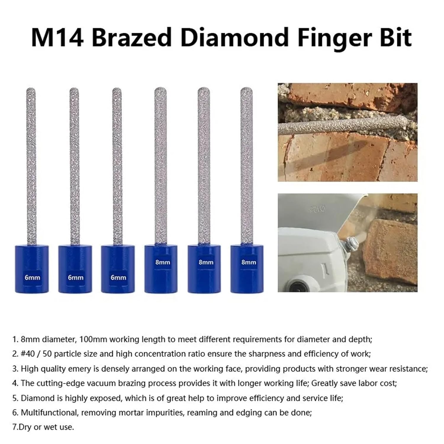 Diamond Bit 6/8mm Dia with M14 Thread for Enlarge Hole Drilling Ceramic Tile Porcelain Marble Drilling 1Pcs(100x6)