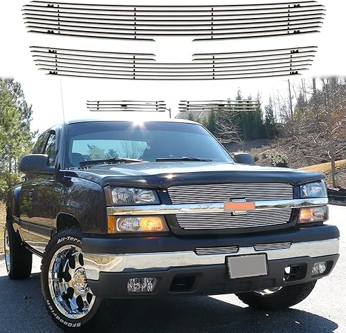 Inserto de parrilla frontal cromada para Silverado 1500 03-04 2500 3500 2003 2004 2005 parrilla de aluminio superior principal pulido (4 piezas de