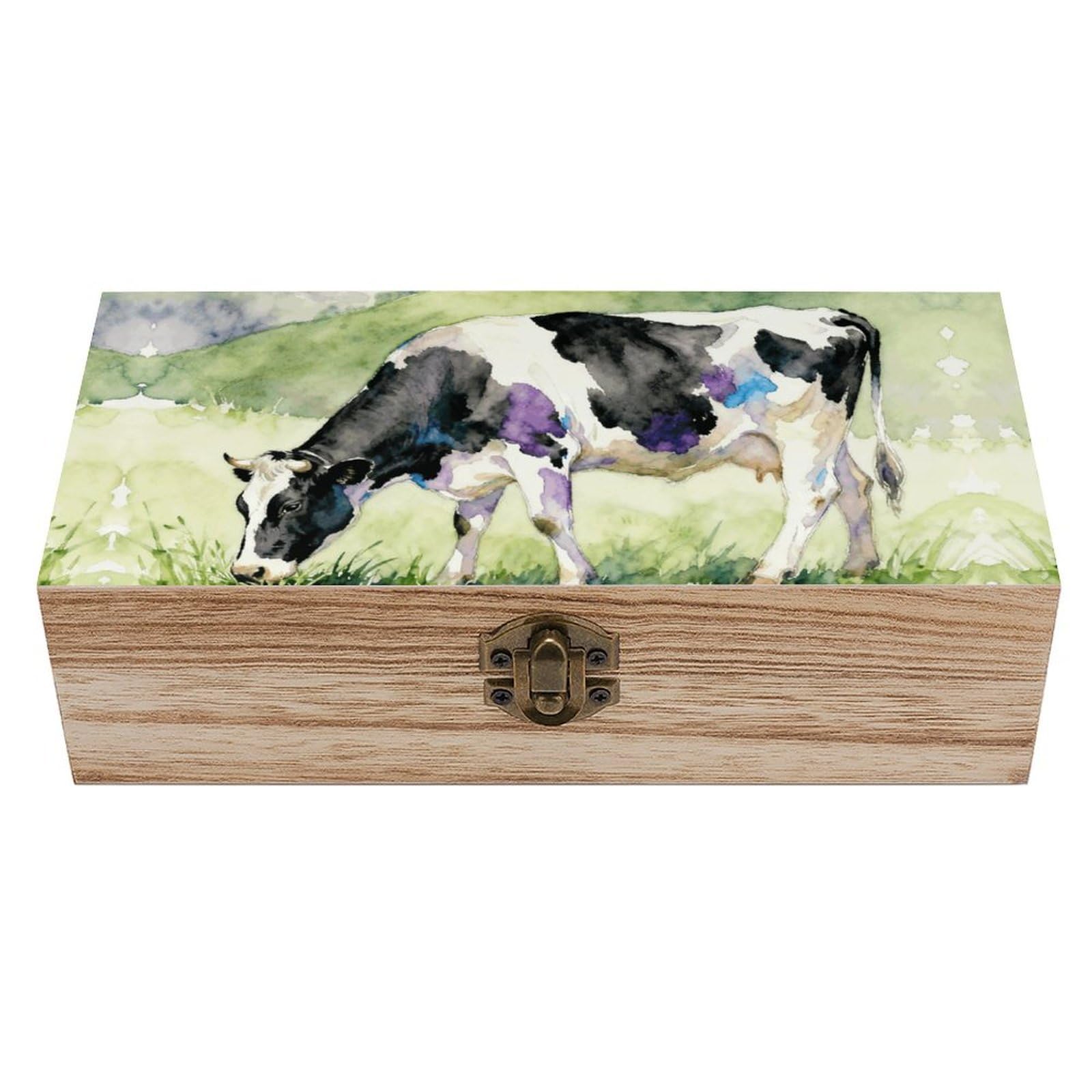 LZQPOEAS Cows Grazing Leisurely Wooden Storage Box Small Decorative Box with Hinged Lid Handmade Elegant Keepsake Storage Box for Jewelry, Photos, Trinkets, Letter Gifts, Small Heirlooms