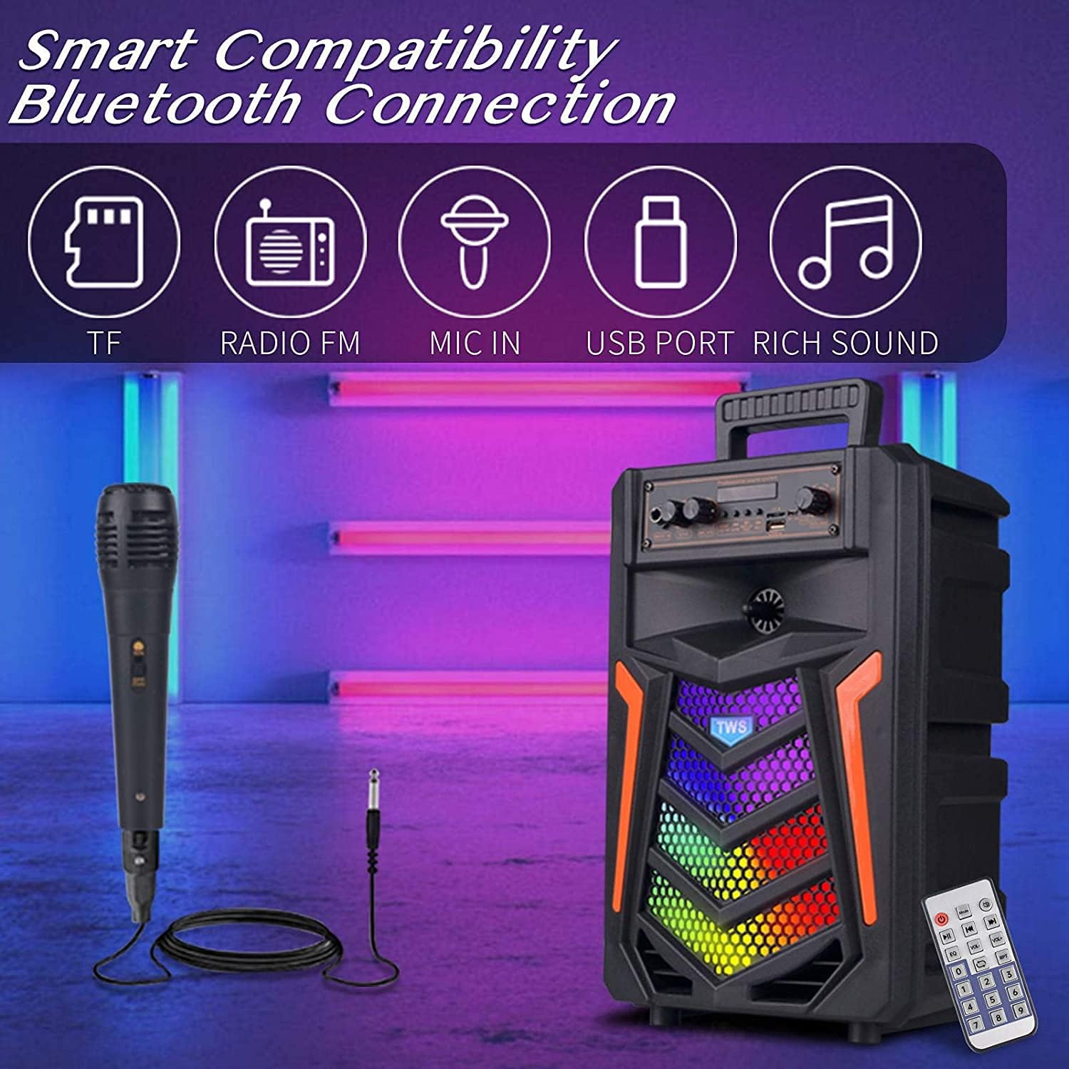 EIFER Wireless Bluetooth Speakers with 8 Inch 50W Big Speaker, Wired Microphone Input, FM Radio, TF/USB Playback, Portable with Volume, Echo, Mic Knobs, Perfect for Indoor/Outdoor Party and as a Gift
