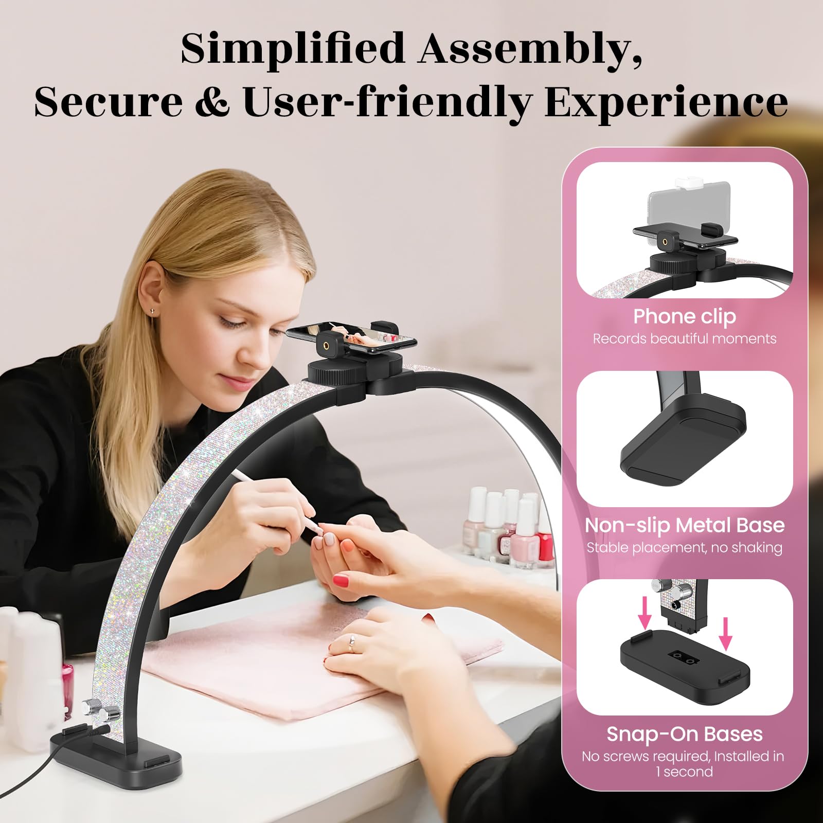 Half Moon Light for Nail Tech: 31 inch Lash LED Lamp with Phone Holder - 48W Foldable Arch Lights for Eyelash Tech - Manicure Handicraft Lighting for Spa,Salon: Black