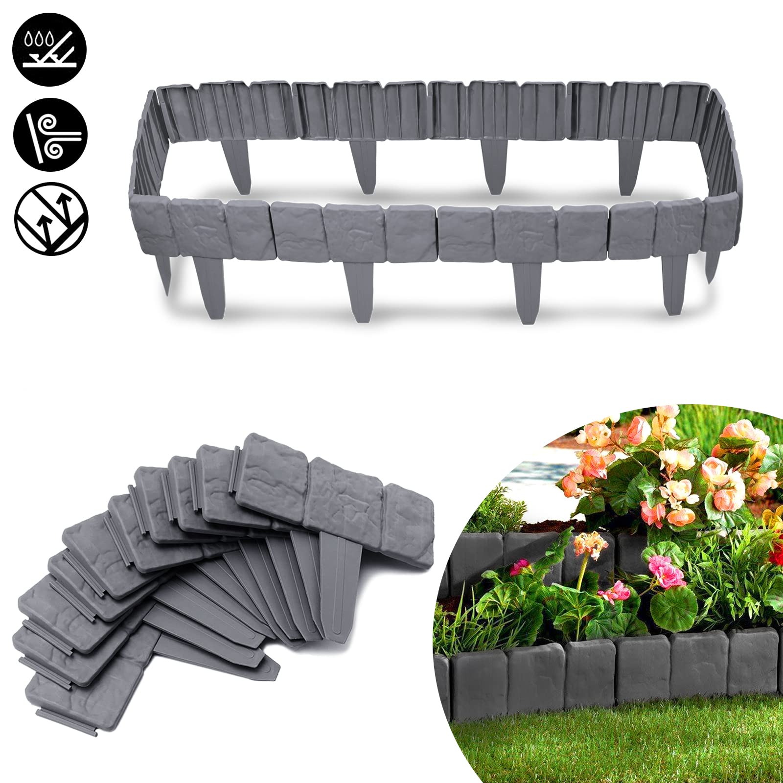 UISEBRT 60 Pezzi Bordo per Giardini Grigio 15m, Bordo per Prato in plastica, Effetto Pietra, Palizzata per Giardino Bordo Aiuole, Antracite