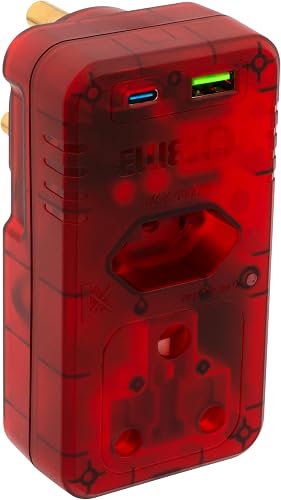 Ellies Surge Protection Adaptor | 2 Way Power Outlet | PD20W USB-C + USB | High Surge Protection | Red