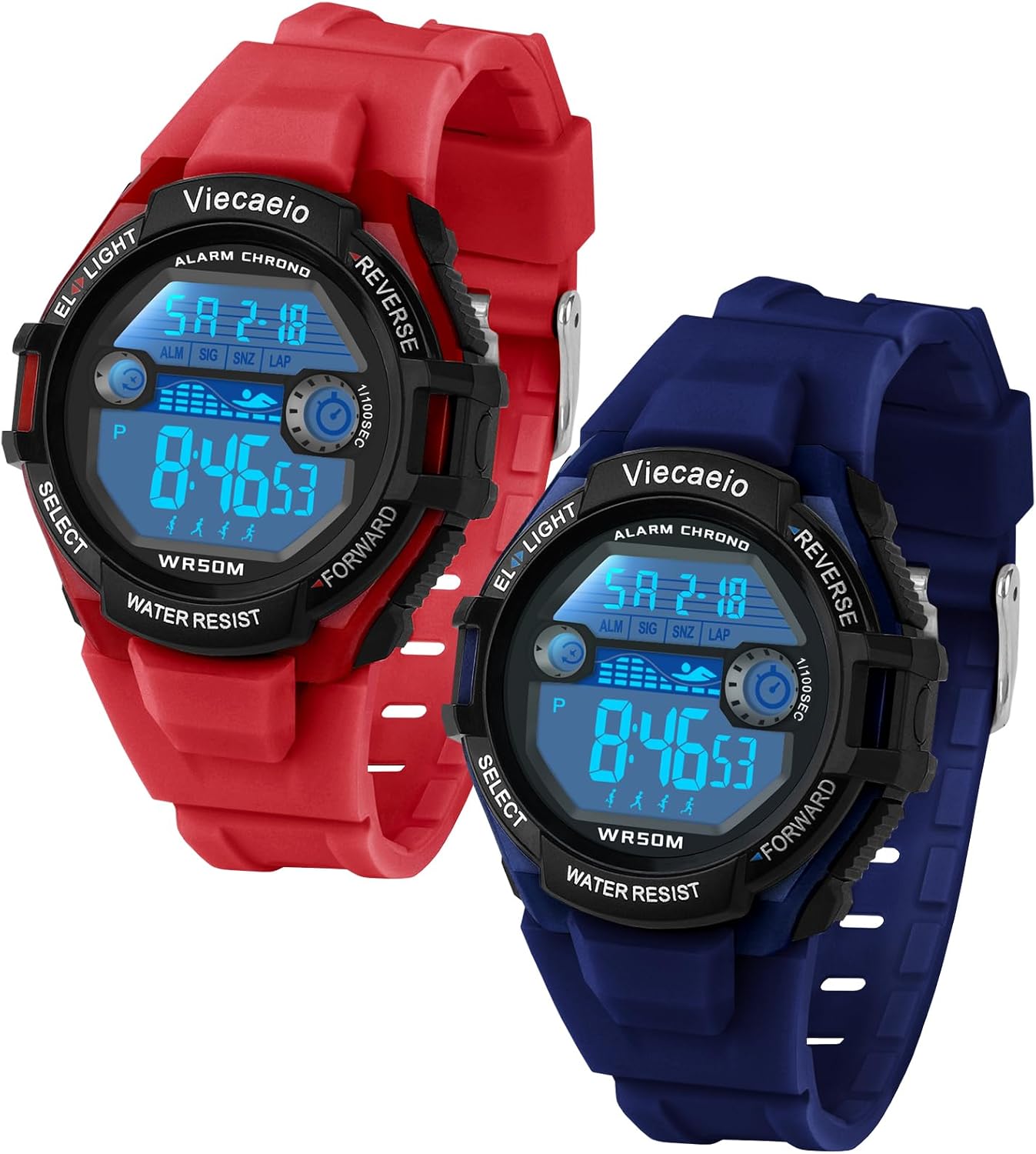 Kids Digital Watch for Boys Girls Ages 5-18, 50M Waterproof & Shockproof Sports Watch with 7-Color LED Backlight, Alarm, Stopwatch, Calendar, 2 Soft BPA-Free Silicone Straps