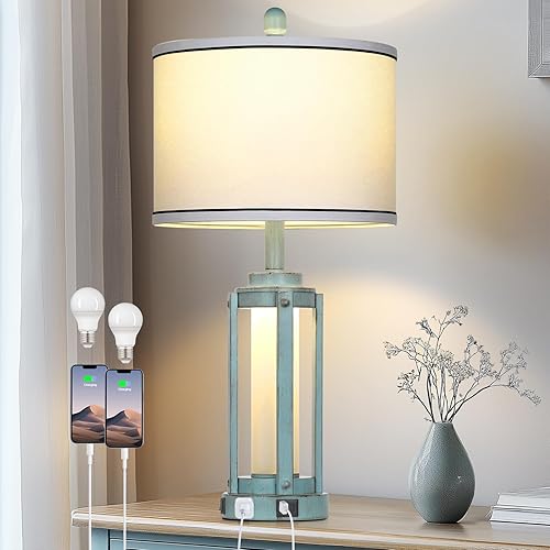 Miniatura 10 de Farmhouse Industrial Lamp with USB A+C Charging Ports & AC Outlet, 26" Vintage Rustic Retro Table Lamp with Glass LED Night Light & Linen Fabric