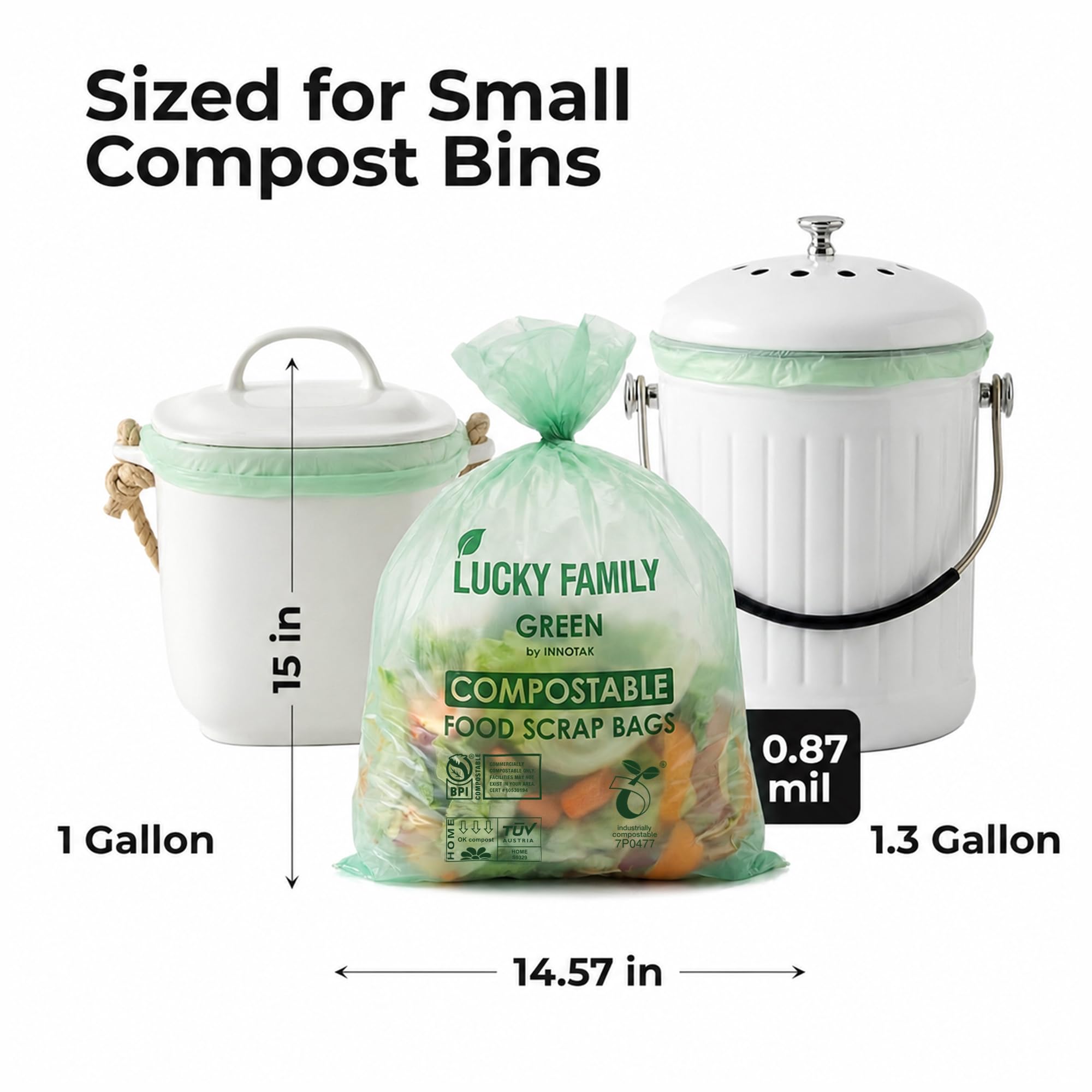 Lucky Family - Bolsas de compostaje verdes para encimera de cocina, 1.3 hasta 1.6 galones, 100% compostable, reciclables, orgánicas, ecológicas, 50 bolsas por rollo