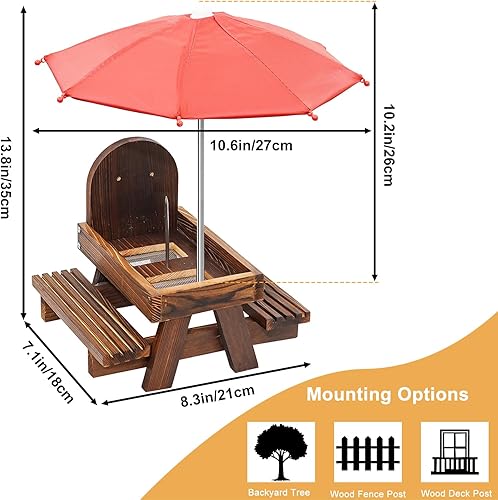 Miniatura 2 de Comedero de madera carbonizada para ardillas con paraguas, divertido alimentador de mesa de picnic de ardilla de madera con soporte para mazorca de
