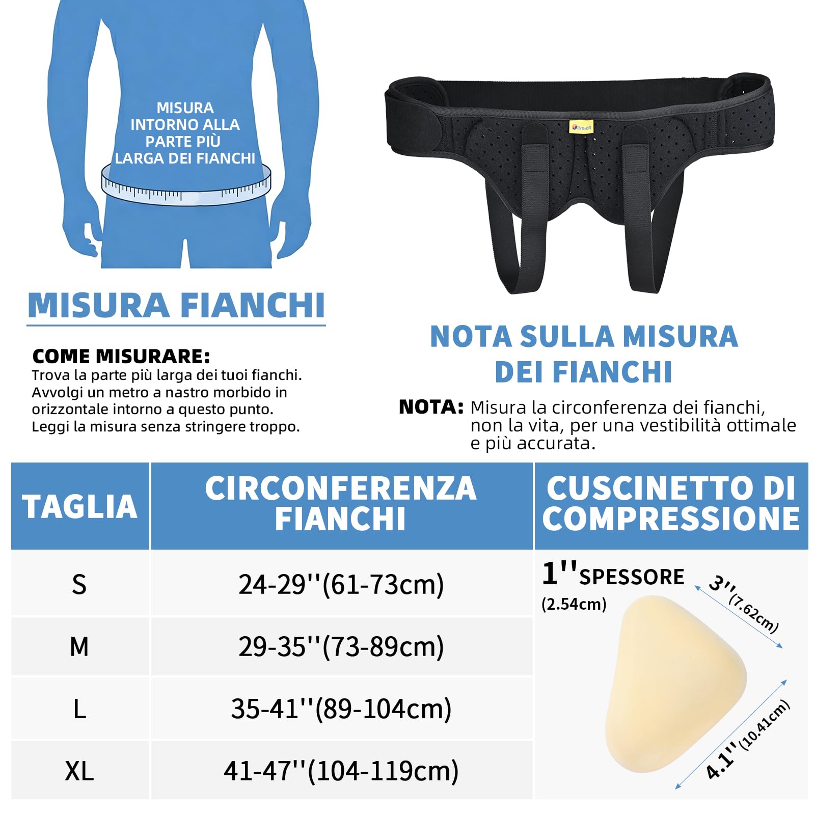 Tenbon Cintura per ernia per uomini e donne Cintura per ernia regolabile flessibile Supporto per ernia Sollievo dal dolore con 2 cuscinetti di compressione rimovibili (L)