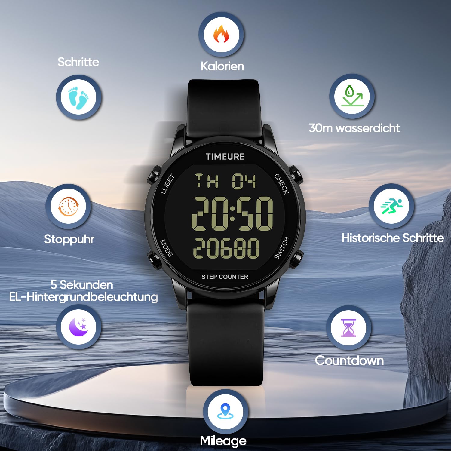 Schrittzähler Uhr für Damen, Schrittzähler zum Gehen, Keine App/Telefon erforderlich, wasserdichter Fitness-Kalorientracker, Distanzverfolgung, Alarm, große Digitalanzeige, Uhr, TU-2509