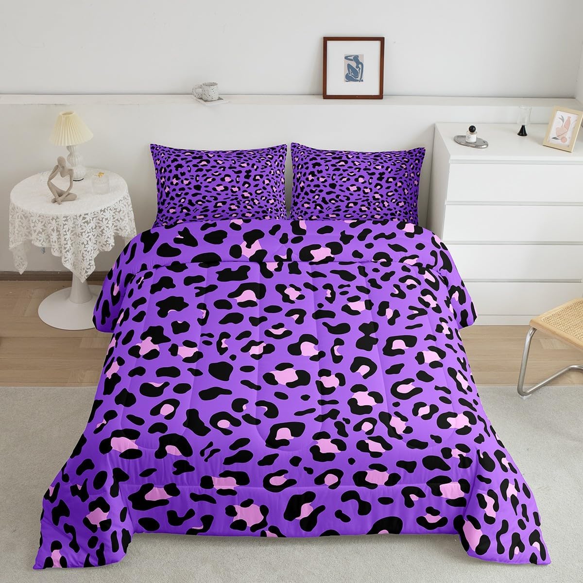 Erosebridal Cheetah Print Comforter Set Queen Purple Leopard Bedding Comforters & Sets Pink Wildlife Skin Duvet Abstract Art Quilt Comforter 3 Piece with 2 Pillow Sham Soft, Animal Themed Home Decor